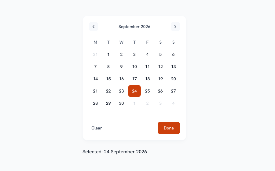 Date picker rendered with Rayden UI 0.10.1