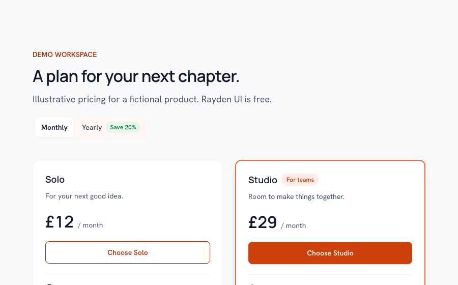 Pricing plans rendered with Rayden UI 0.10.1
