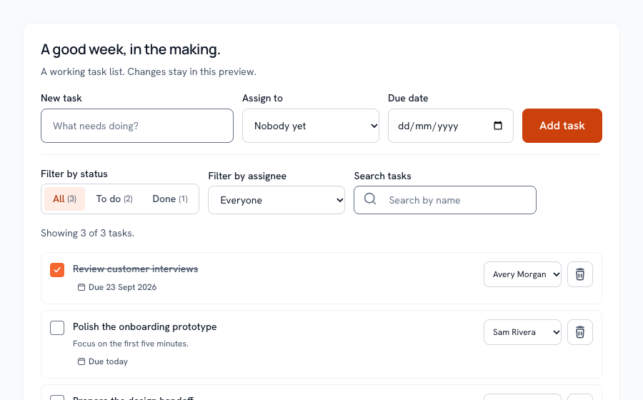 Task list rendered with Rayden UI 0.10.1