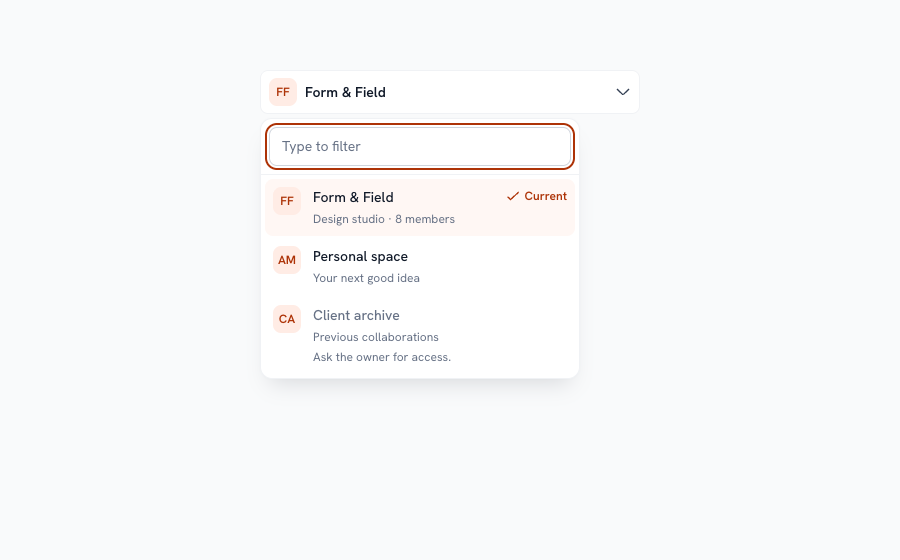 Workspace switcher rendered with Rayden UI 0.10.1